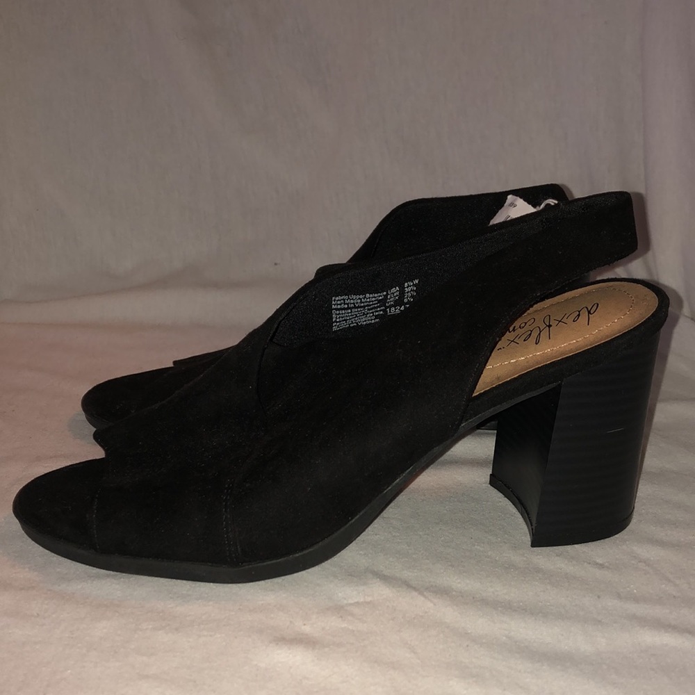 NWT Dexflex Comfort Memory Foam Black Open Toe Suede Block Heel Women’s Size 8.5